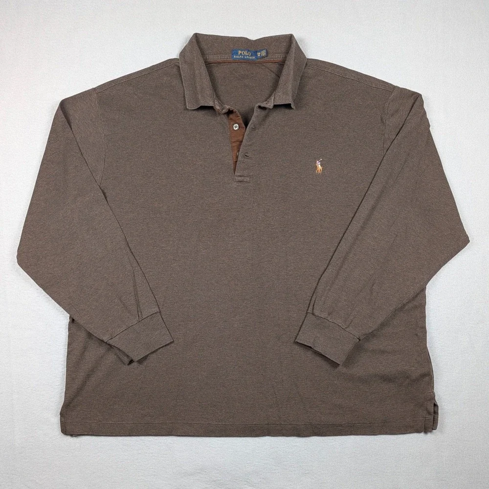 Polo Ralph Lauren Polo Shirt Mens 2XB Brown Long Sleeve Cotton Flesh Pony